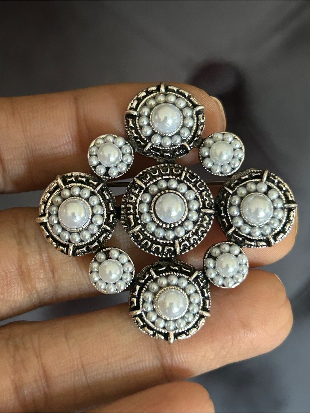 Silver-Tone Pearl Cluster Brooch - White Pearlescent Accents